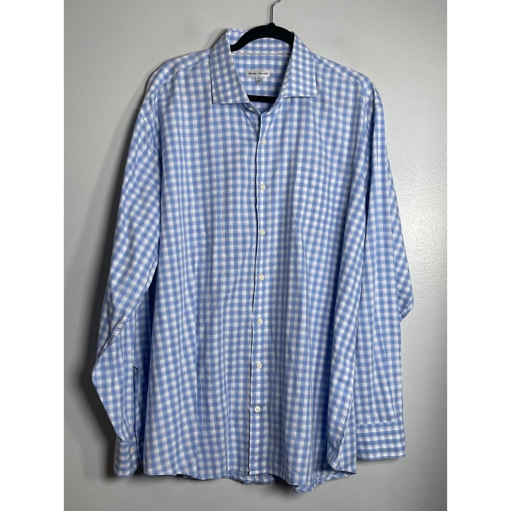PETER MILLAR Cotton Long Sleeve Button Down Shirt XXL Blue White Gingham Career